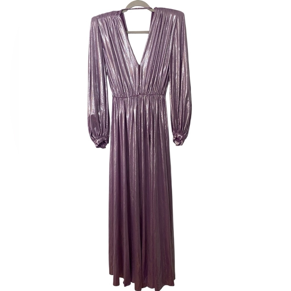 BRONX and BANCO Lavender Metallic Shimmer Long Sleeve Maxi Dress Gown Slit 2 - Picture 2 of 11
